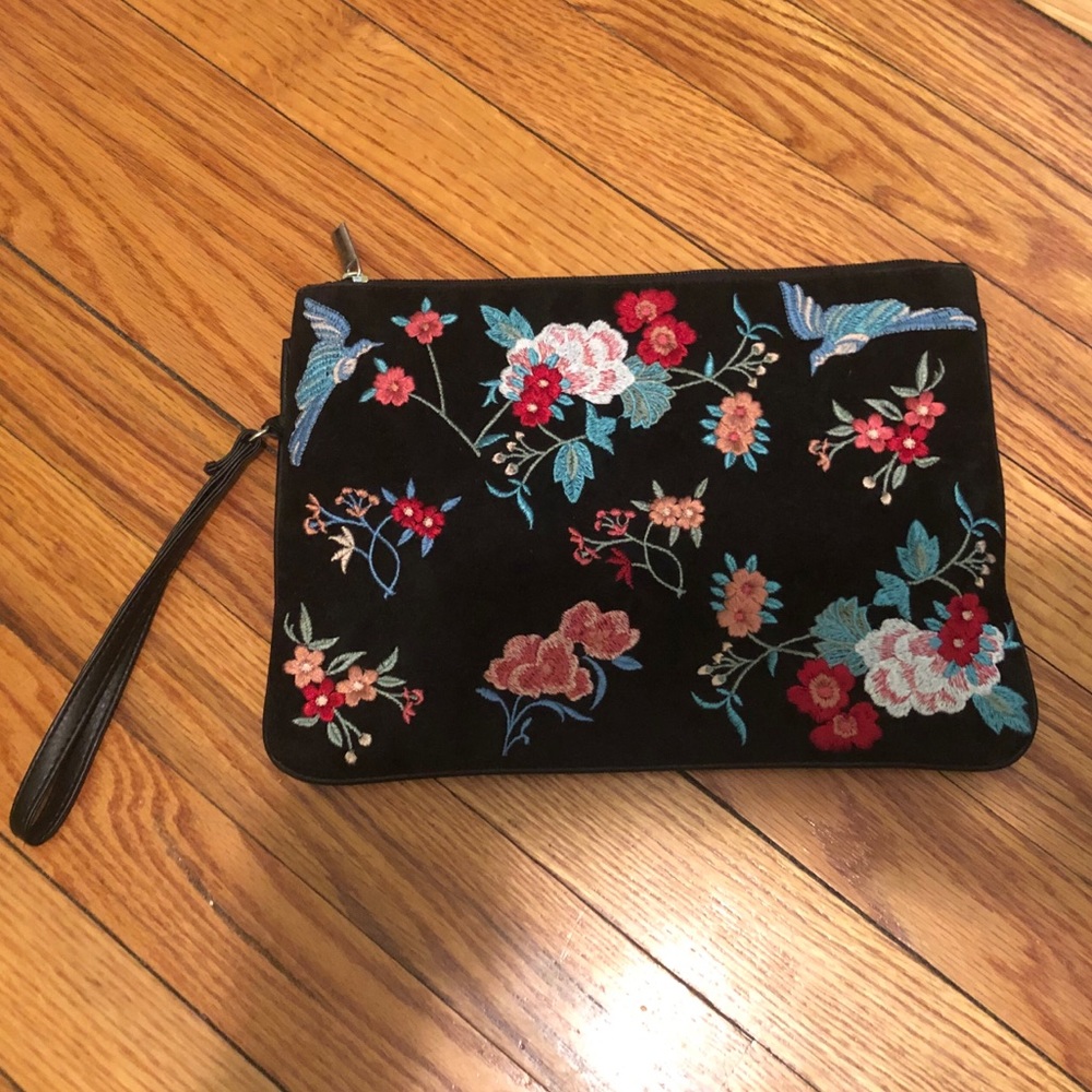 Embroidered velvet clutch